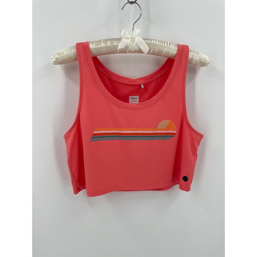 prAna Coral Pink Sunset Graphic Cropped Tank Top XS Retro Athleisure Summer